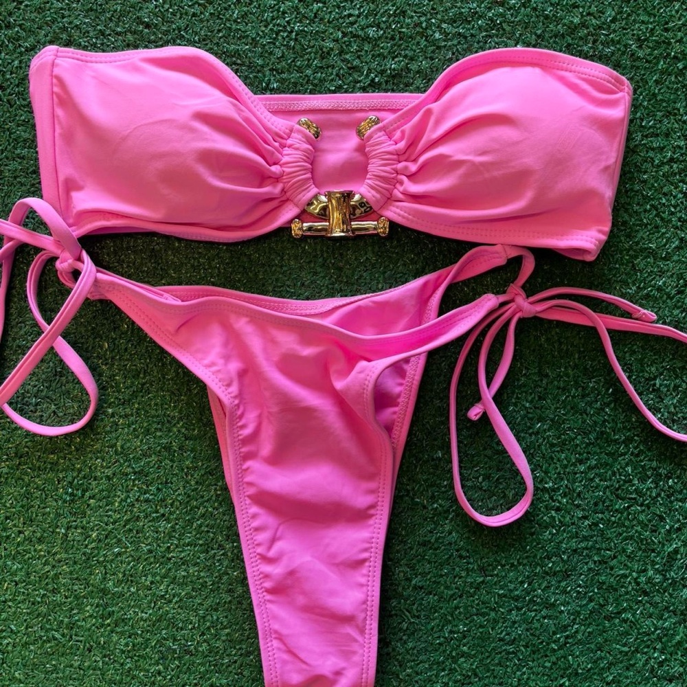 Pink Strapless Bikini with Gold Accent